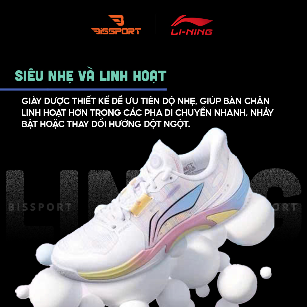 Giày Cầu Lông Lining Pounce 2 AYTV013-1 Trắng Hồng Vàng Chính Hãng - Thông Thoáng - Bền Bỉ - Giảm Chấn - Mềm Mại